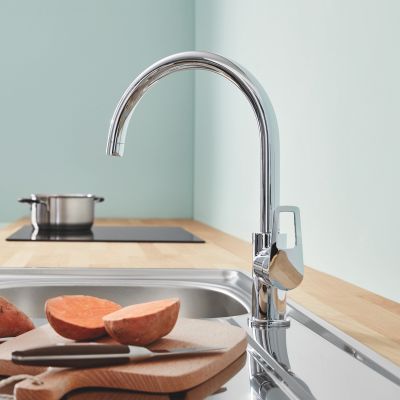 Zestaw Grohe K400 zlewozmywak 78x50 cm czarny granit z baterią kuchenną BauLoop chrom (31639AP0, 31368001)