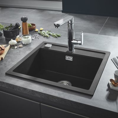 Zestaw Grohe K700 zlewozmywak granitowy czarny z baterią kuchenną Minta Brushed Warm Sunset i zestawem odpływowym (31651AP0, 32321DL2, 40400DL0)