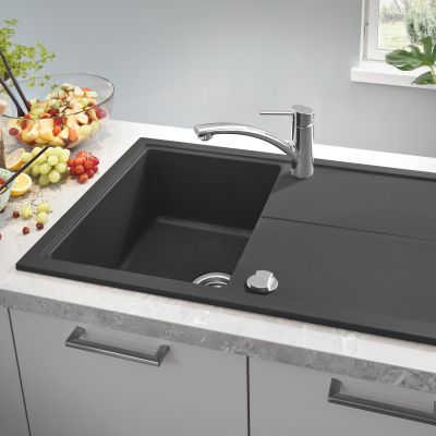 Zestaw Grohe K400 zlewozmywak granitowy 86x50 cm czarny i bateria kuchenna Get chrom (31640AP0, 30361000)
