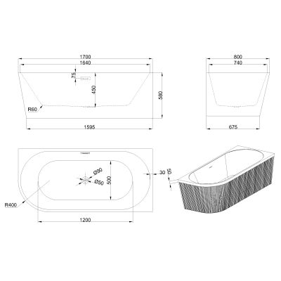 Invena Glamour wanna narożna 170x80 cm owalna biała AN-02-14P