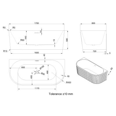 Invena Glamour wanna przyścienna 170x80 cm owalna biała AN-02-19U