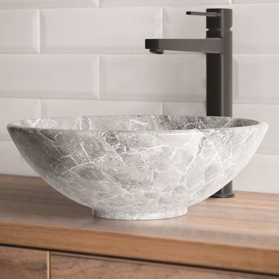 Invena Tinos umywalka 39,5 cm nablatowa okrągła efekt marmuru szara mat CE-43-707