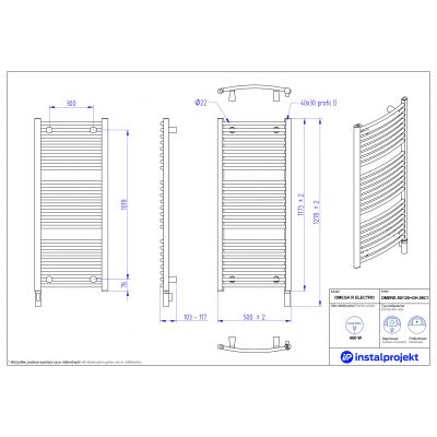 Instal Projekt Omer Electro grzejnik elektryczny 117,3x50 cm biały połysk OMERE-50/120+GH-06C1