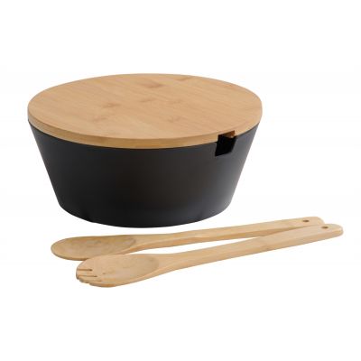 Kesper miska 26 cm okrągła do sałatki ze sztućcami melamina czarny/drewno bambusowe 92524