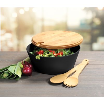 Kesper miska 26 cm okrągła do sałatki ze sztućcami melamina czarny/drewno bambusowe 92524