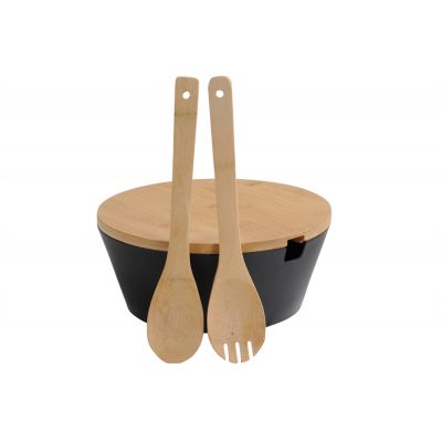 Kesper miska 26 cm okrągła do sałatki ze sztućcami melamina czarny/drewno bambusowe 92524