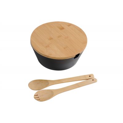 Kesper miska 26 cm okrągła do sałatki ze sztućcami melamina czarny/drewno bambusowe 92524