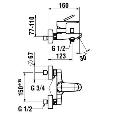 Laufen Pro X bateria wannowo-prysznicowa ścienna chrom HF506960100600
