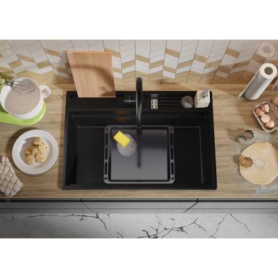 Primagran Oslo zlewozmywak granitowy 80 Pocket Multilevel z akcesoriami czarny O_OOHKC-001