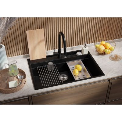 Primagran Oslo zlewozmywak granitowy 80 Pocket Multilevel z akcesoriami czarny O_OOHKC-001