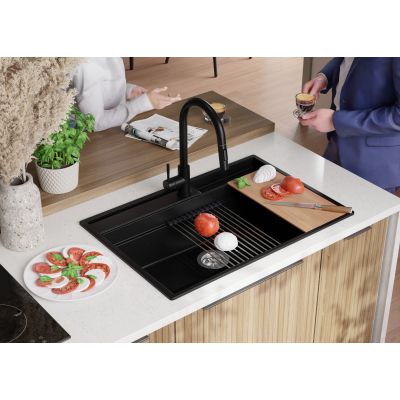 Primagran Oslo zlewozmywak granitowy 80 Pocket Multilevel z akcesoriami czarny O_OOHKC-001