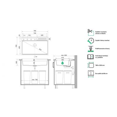 Primagran Oslo zlewozmywak granitowy 80 Pocket Multilevel z akcesoriami czarny O_OOHKC-001