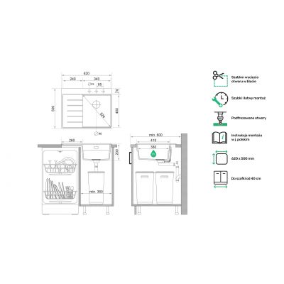 Primagran Sydney zlewozmywak granitowy 62x50 cm biały O_OTLKW-001