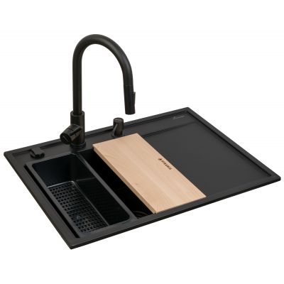 Pyramis Camea zlewozmywak granitowy z baterią 68x50 cm czarny 070223912BEI