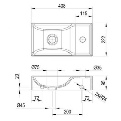 Ravak Veda umywalka 40,8x22,2 cm prostokątna ścienna antracyt XJXP3240000