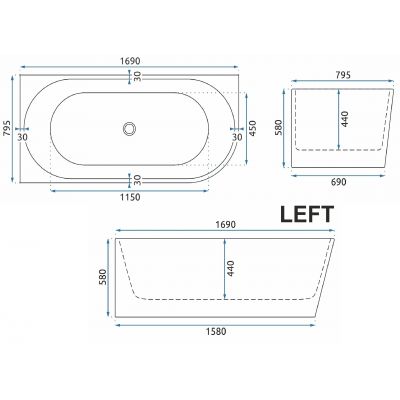 Rea Sydney wanna narożna 169x79,5 cm prostokątna biała REA-W8802