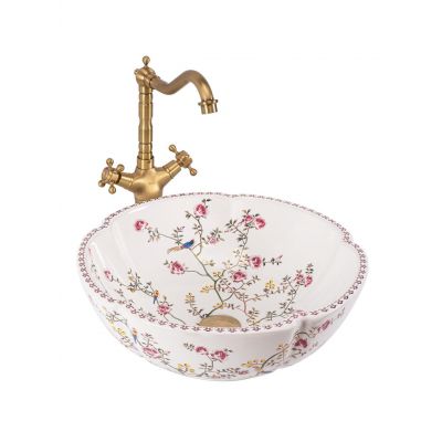 Rea Felicia umywalka 42,5x42,5 cm okrągła nablatowa biała w kwiaty REA-U7504