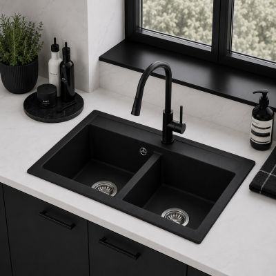 Ruvetti Doblo zlewozmywak granitowy 75,6x44,7 cm czarny 3001DO_BC_W