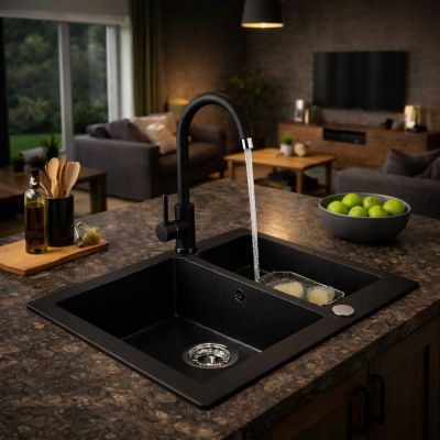 Ruvetti Signum zlewozmywak granitowy 60,5x49,5 cm czarny 3001S_BC1520_W