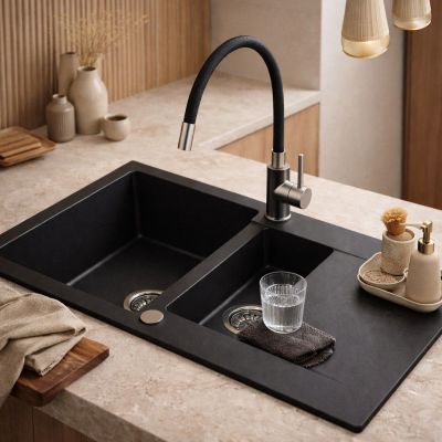 Ruvetti Signum zlewozmywak granitowy 79x49,5 cm czarny 3001S_BC1560_W