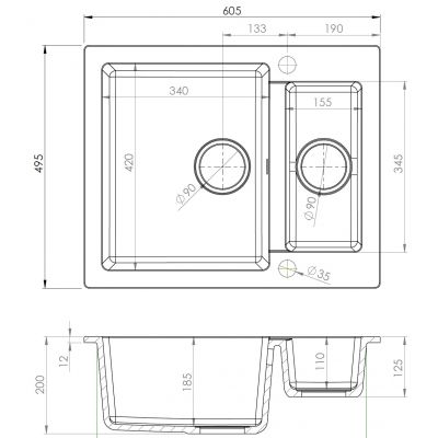 Ruvetti Signum zlewozmywak granitowy 60,5x49,5 cm szary 3001S_GR1520_W