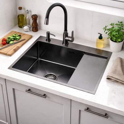 Ruvetti Linar zlewozmywak z dozownikiem 62x48 cm grafit 5002L_PVD_GRF120_WL