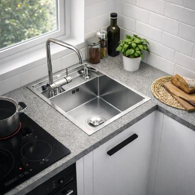 Ruvetti Larso zlewozmywak 50x40 cm stalowy z baterią stal/stal KSLARSO404050BS