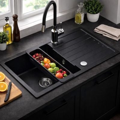 Ruvetti Natu Maxi zlewozmywak 77x44 cm z baterią i akcesoriami czarny/stal LP_3200-NM7744BC_W