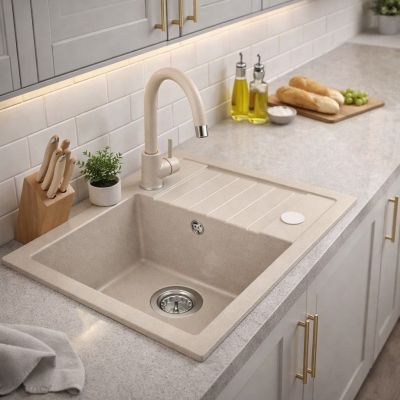 Ruvetti Tito Compact zlewozmywak 62x44 cm z baterią i akcesoriami beżowy LP_3200-TC6244BE_W