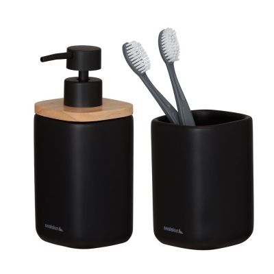 Sealskin Mind zestaw akcesoriów: dozownik do mydła i kubek na szczoteczki czarny/drewno 800062