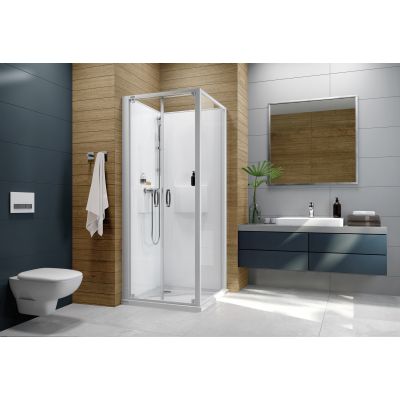 Sanplast Basic Complete Mineral kabina z brodzikiem i zestawem prysznicowym 80x80 cm kwadratowa biały połysk/szkło przezroczyste 602-460-0421-01-4H0