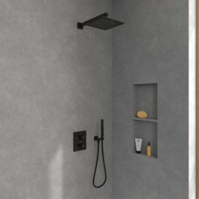 Zestaw Villeroy & Boch Universal Taps & Fittings zestaw prysznicowy, podtynkowy termostatyczny z deszczownicą czarny mat (TVD00065100000, TVD000653000K5, TVC000002000K5, TVC000454530K5, TVS109007000K5, TVC000457000K5)