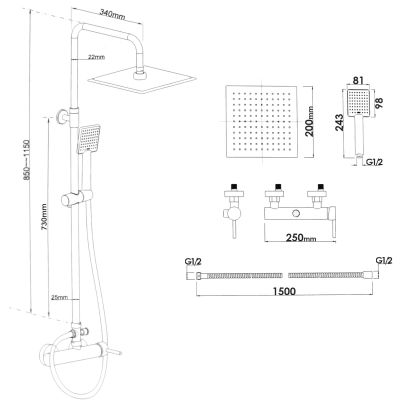 YokaHome Flova zestaw prysznicowy ścienny czarny mat BP.FLOVA20BLK