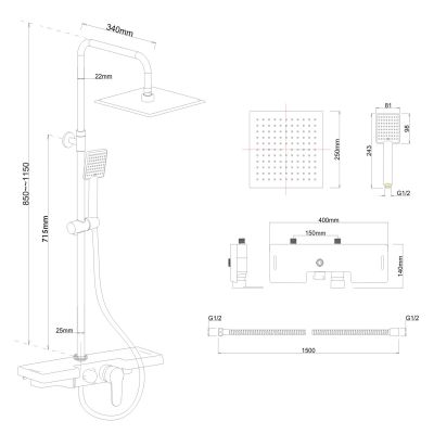 YokaHome Oslo zestaw prysznicowy ścienny z deszczownicą czarny mat BP.OSLO25-BLK