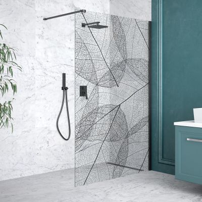 Besco Leafy Walk-In ścianka prysznicowa 110 cm czarny mat/szkło przezroczyste z motywem LF-110-200C