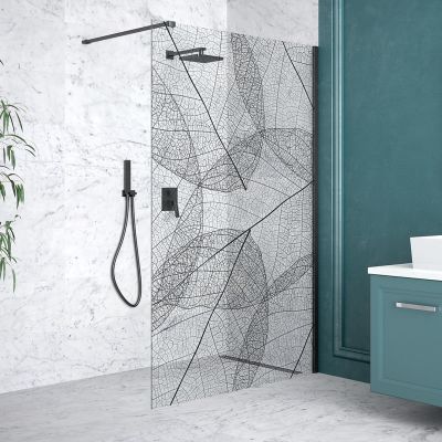 Besco Leafy Walk-In ścianka prysznicowa 120 cm czarny mat/szkło przezroczyste z motywem LF-120-200C