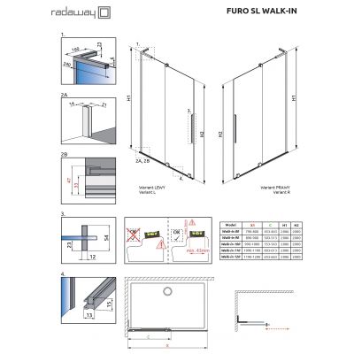 Radaway Furo SL Walk-In drzwi ze ścianką 110 cm prawe wolnostojąca chrom/szkło przezroczyste 10306588-01-01R/10110544-01-01