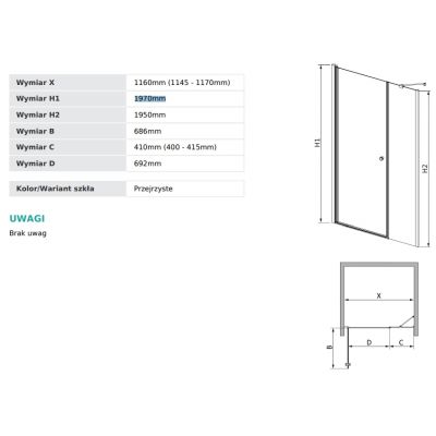 Radaway Eos DWS drzwi prysznicowe 116 cm uchylne chrom połysk/szkło przezroczyste 20240903-151432-128236