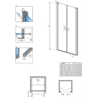Radaway Nes DWD I drzwi prysznicowe dwuczęściowe 110 cm wnękowe chrom/szkło przezroczyste 10027110-01-01