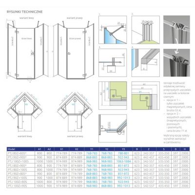 Radaway Essenza 8 PTJ komplet 2 ścianek do kabiny 90x80 cm szkło przezroczyste 10490600-01-01