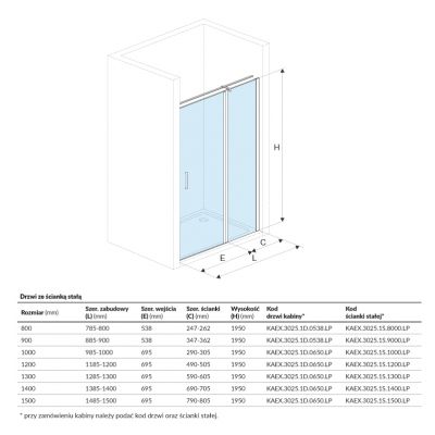 Excellent Mazo drzwi prysznicowe 100 cm ze ścianką stałą szkło przezroczyste KAEX.3025.1D.0650.LP/KAEX.3025.1S.1000.LP