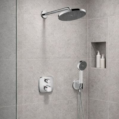 Hansgrohe Ecostat E zestaw prysznicowy podtynkowy termostatyczny z deszczownicą chrom (28056000, 27413000, 15708000, 01800180, 26888000, 28033000, 28276000)
