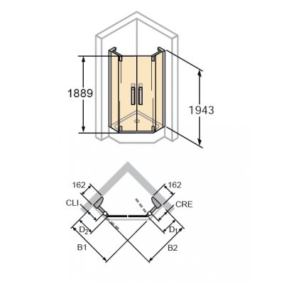 Hüppe Refresh pure 5-kąt drzwi skrzydłowe 90x90 cm ze stałymi segmentami 2-częściowe 9P1301.092.321