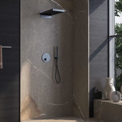 Zestaw Kronenbach Smart Push bateria wannowo-prysznicowa podtynkowa termostatyczna czarny mat z deszczownicą i kompletem natryskowym KB-Set13SM