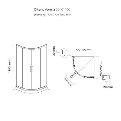 Zestaw Oltens Vorma kabina prysznicowa 80 cm półokrągła z brodzikiem Superior chrom/szkło przezroczyste (20101100, 16001000)