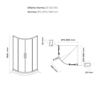 Zestaw Oltens Vorma kabina prysznicowa 90 cm półokrągła z brodzikiem Superior chrom/szkło przezroczyste (20102100, 16002000)