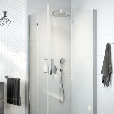 Zestaw Oltens Byske kabina prysznicowa 90 cm kwadratowa z brodzikiem Superior chrom/szkło przezroczyste (20002100, 17001000)