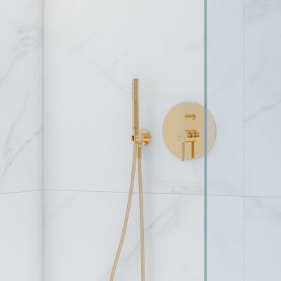 Zestaw Oltens Katla bateria podtynkowa termostatyczna z deszczownicą 30 cm Vindel i kompletem prysznicowym Ume złoty połysk 36608800