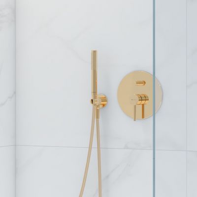 Zestaw Oltens Katla bateria podtynkowa termostatyczna z deszczownicą 30 cm Vindel i kompletem prysznicowym Ume złoty połysk 36608800