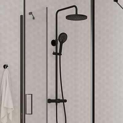 Oltens Vatten Numa zestaw wannowo-prysznicowy ścienny z baterią termostatyczną i deszczownicą czarny mat 36507300